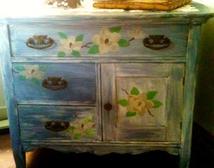 pretty washstand painted in nineties blue stenciled with nineties flowers